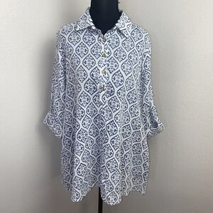 Liza Byrd Tunic Top Women's Small Blue & White Damask Print Beachy Nautical